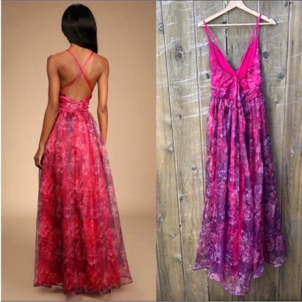 Red and Magenta Floral Backless Organza Maxi Dress 🌿 - Picture 3 of 11